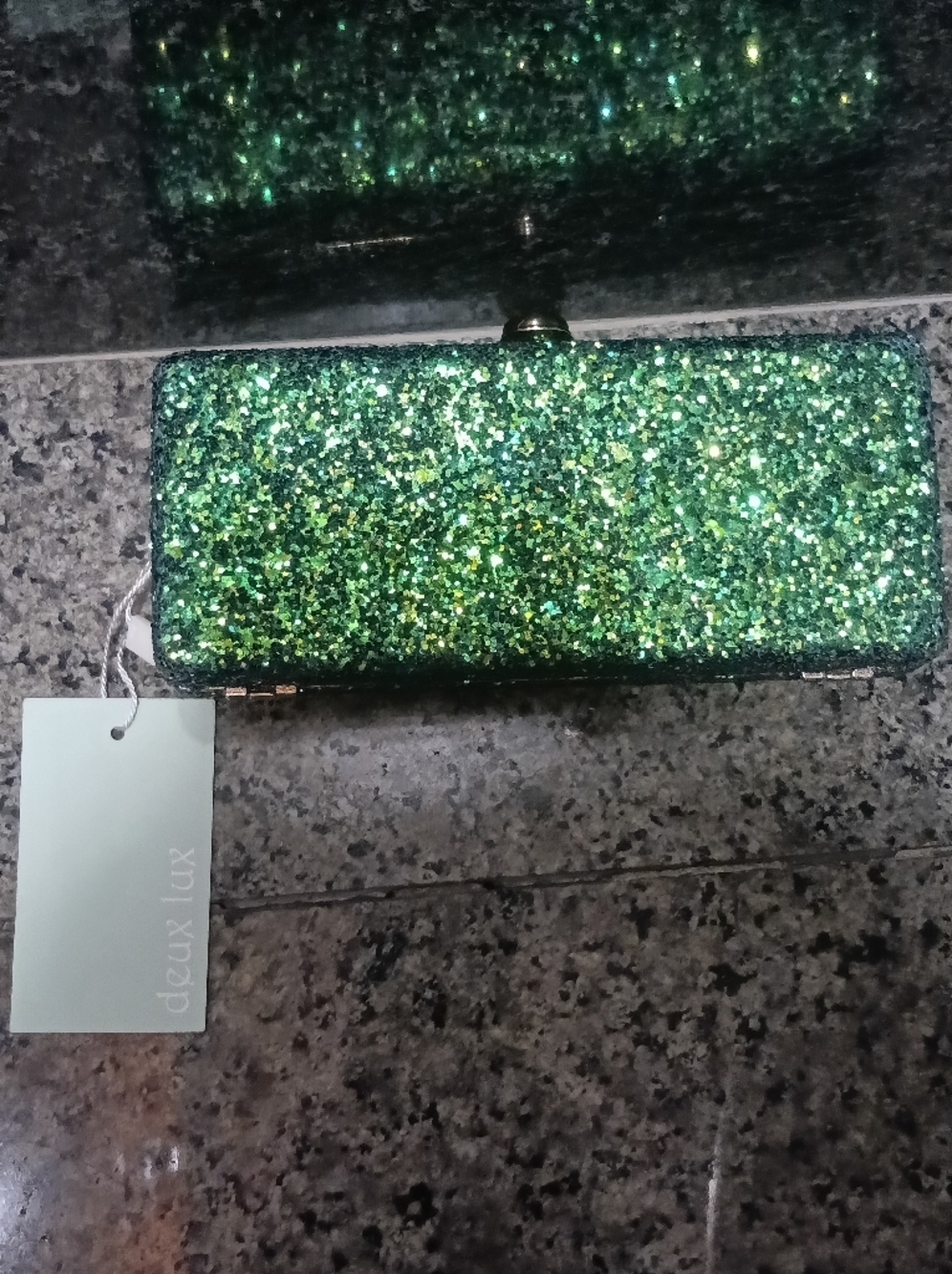 NWT Deux Lux Emerald Green Glitter Box Clutch Minaudière